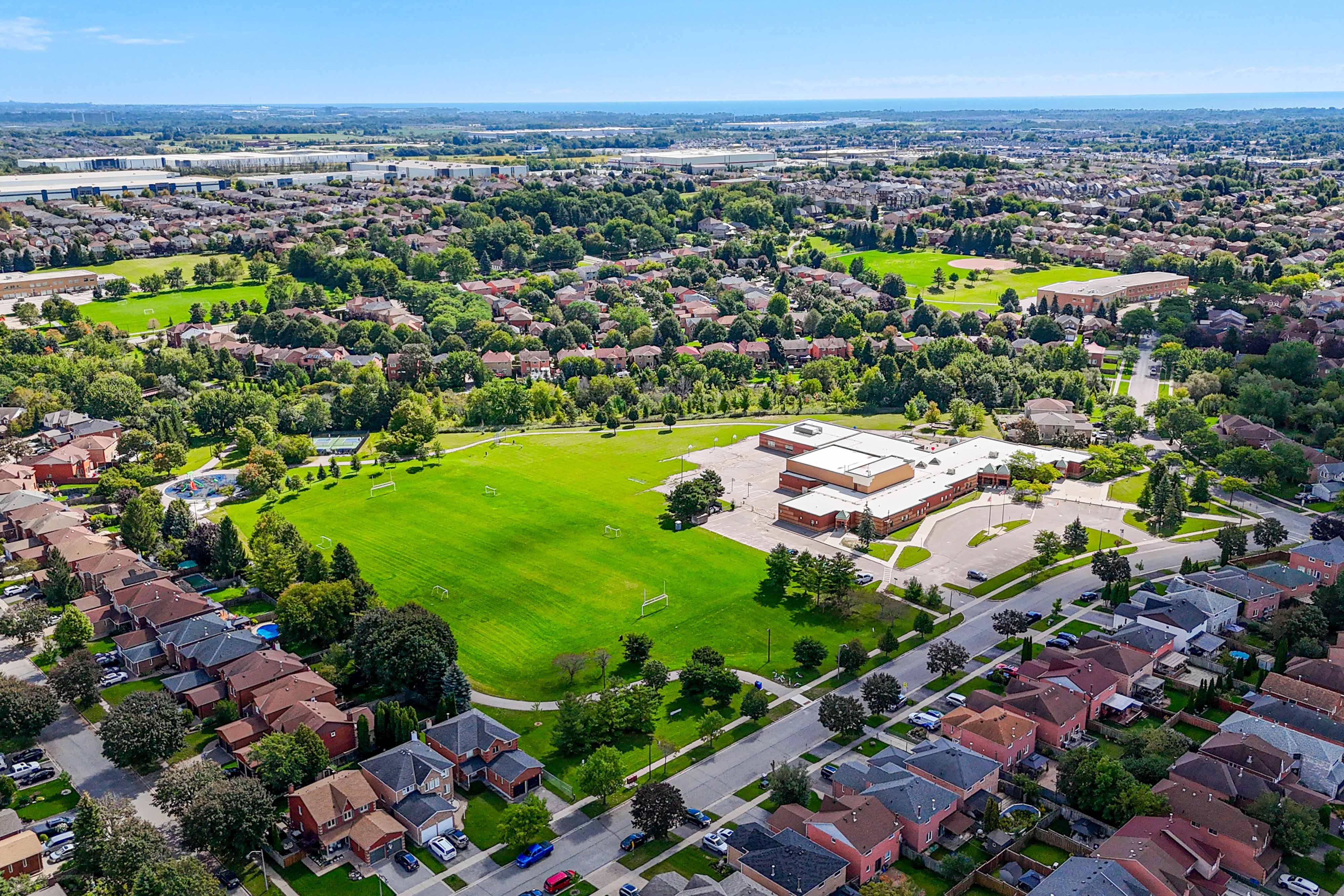 Aerial view of nearby park and school