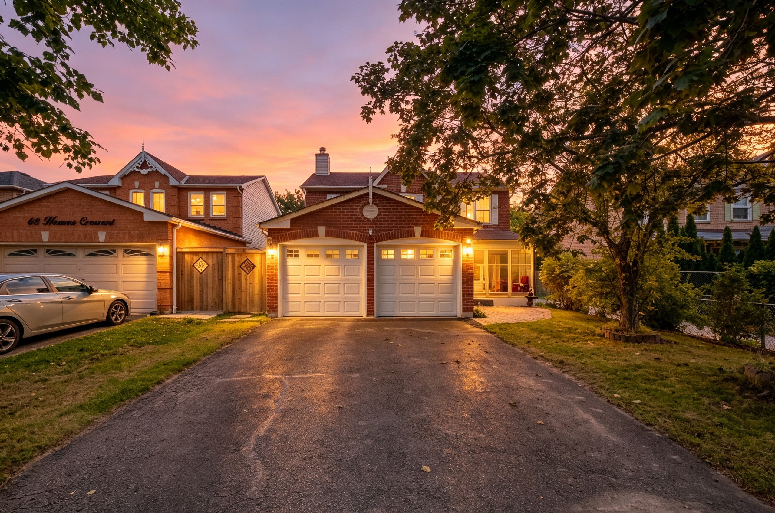 Front driveway and double garage at twilight