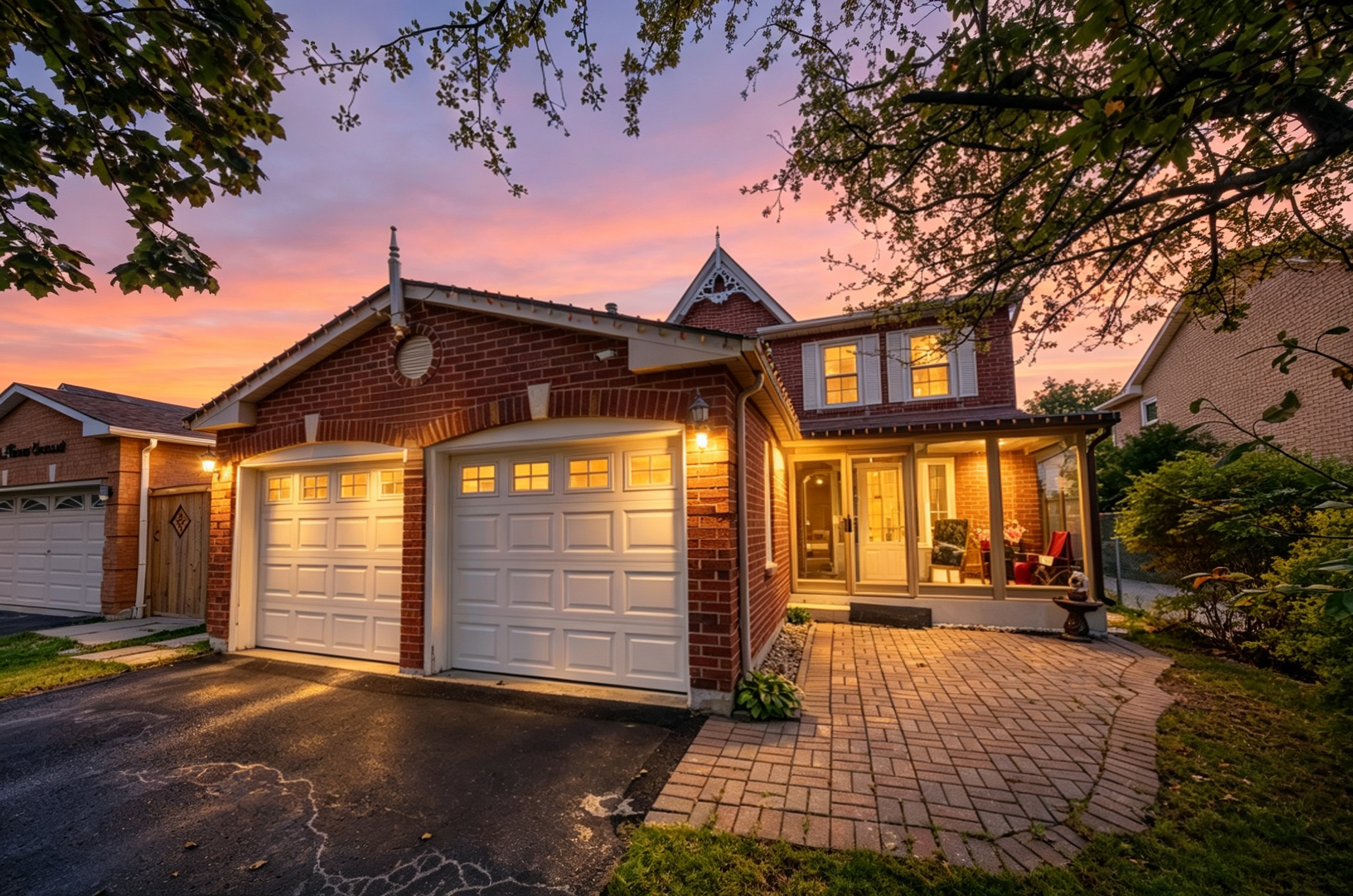 Front entrance and brick exterior at twilight