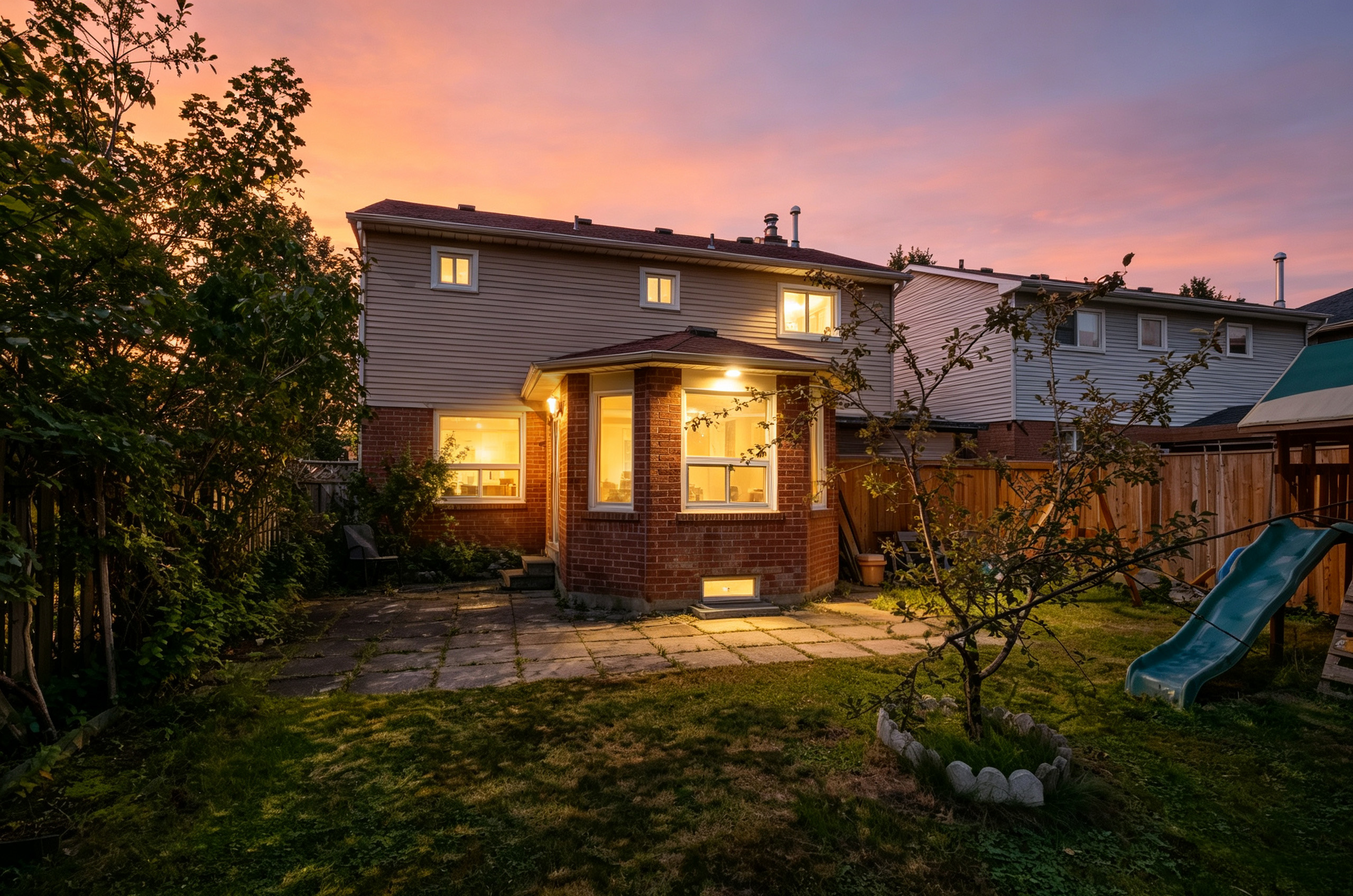 Backyard patio and sunroom illuminated at twilight